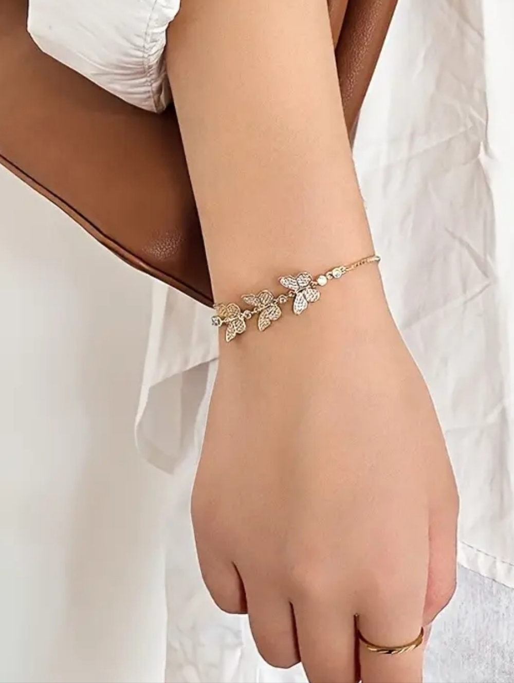 Luxurious 14K Gold Butterfly Bracelet Adjustable Sparkling Crystal Jewelry
